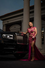 Eye-Catching Long Fuchsia High Neck Long Sleeves Mermaid Prom Dress with Rhinestones and Slit