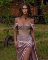 Vintage mauve off-the-shoulder split-front mermaid prom dress