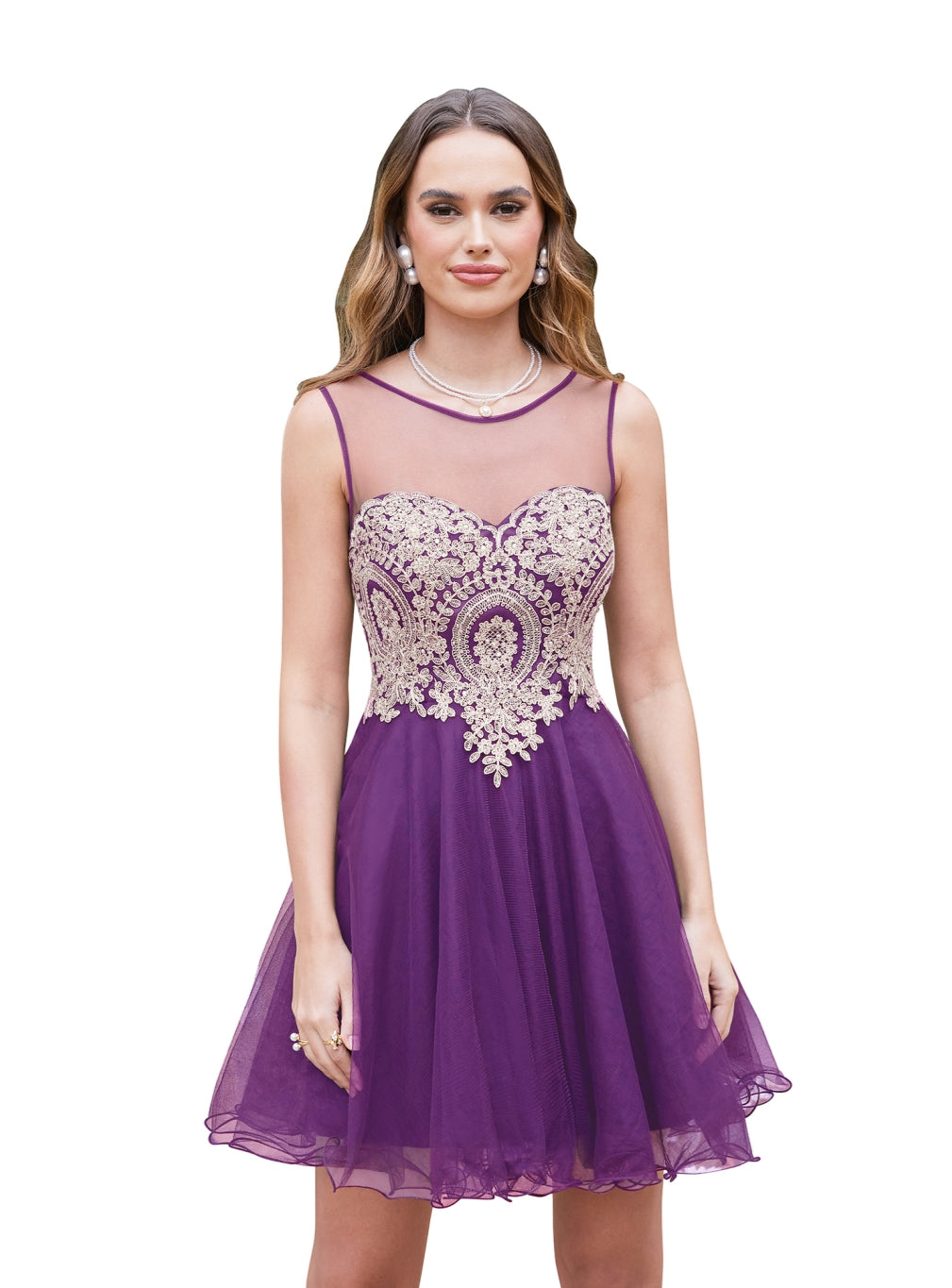 Fabulous A-line Crew Sleeveless Gold Lace Appliques Knee Length Dress Lilac / S Fabulous A-line Crew Sleeveless Gold Lace Appliques Knee Length Dress Lilac / S
