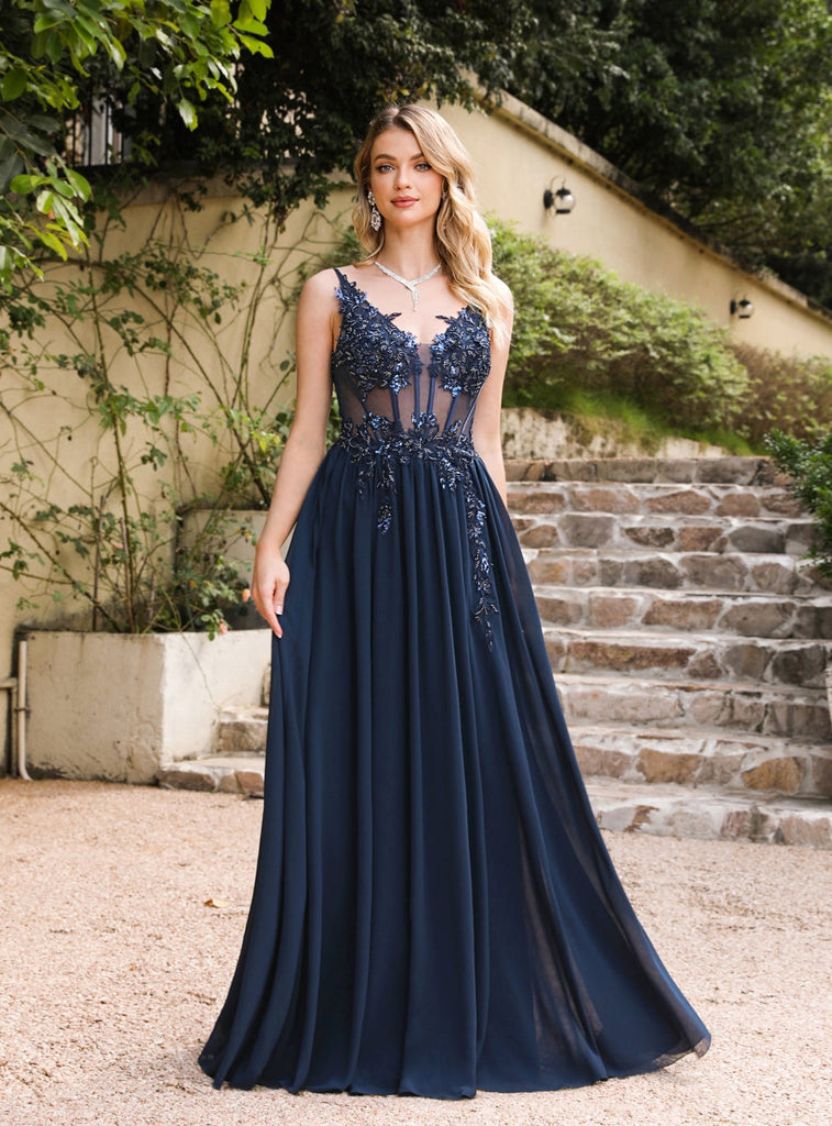 Fabulous A-line Spaghetti Straps Pleated Chiffon Floor Length Dress with Appliques Dark Navy / XL