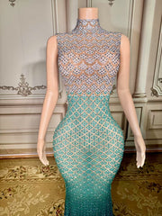 Fabulous Blue Mermaid High-Neck Beaded Sleeveless Floor-Length Evening Dresses With Rhinestones