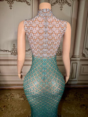 Fabulous Blue Mermaid High-Neck Beaded Sleeveless Floor-Length Evening Dresses With Rhinestones