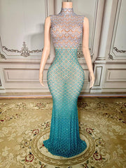 Fabulous Blue Mermaid High-Neck Beaded Sleeveless Floor-Length Evening Dresses With Rhinestones