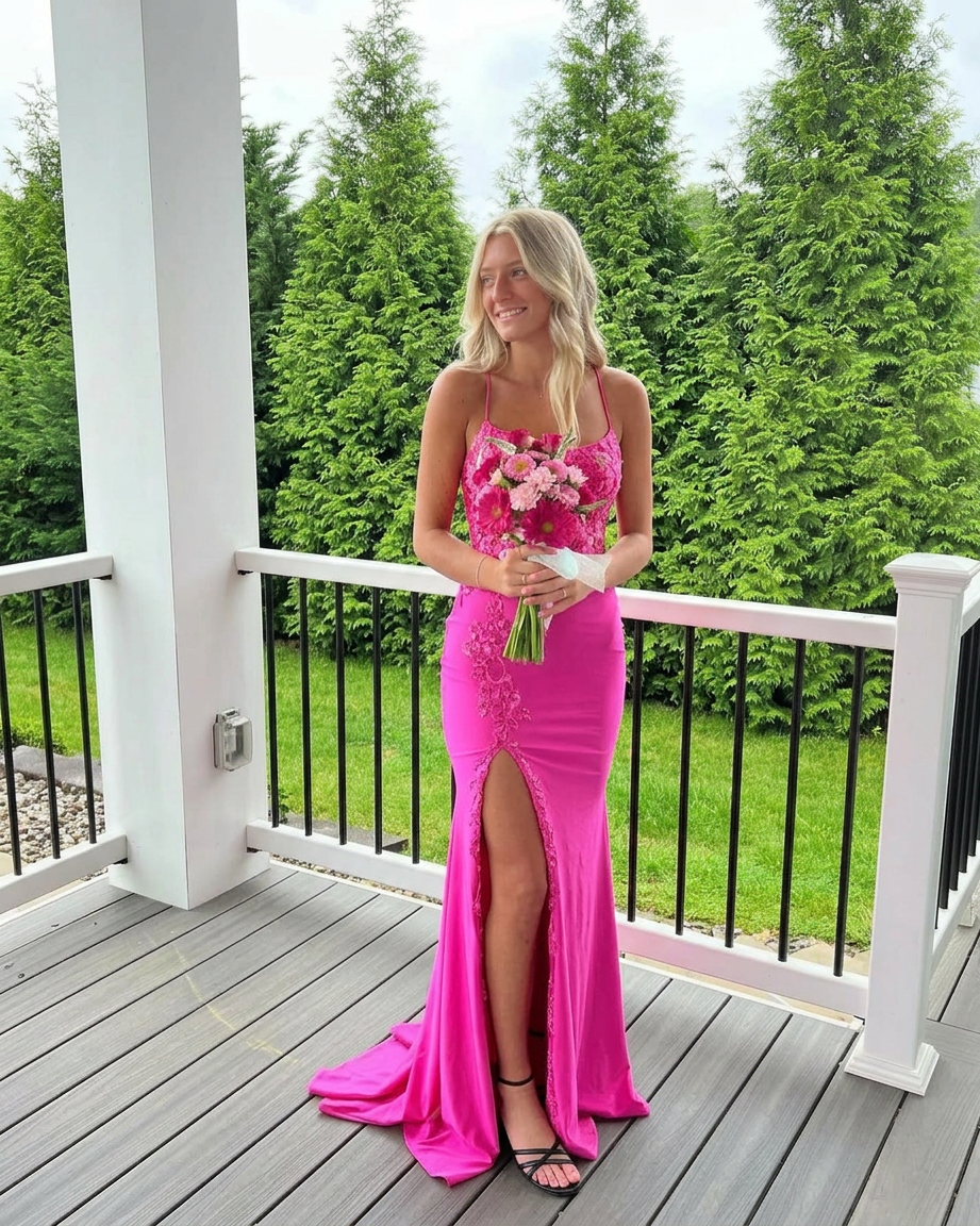 Fabulous Column Satin Spaghetti Straps Sleeveless Pink Prom Dresses with Appliques Split Front Fabulous Column Satin Spaghetti Straps Sleeveless Pink Prom Dresses with Appliques Split Front