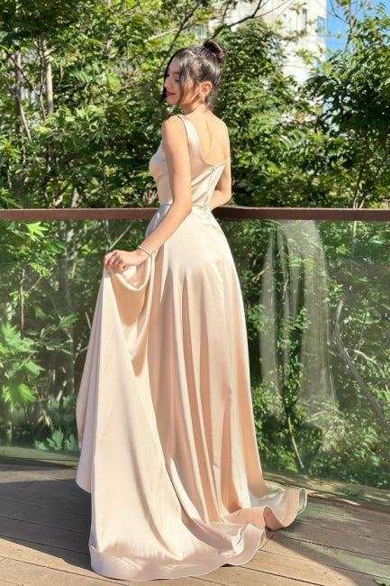Fabulous Column Satin Square Sleeveless Prom Evening Dresses With Split Train