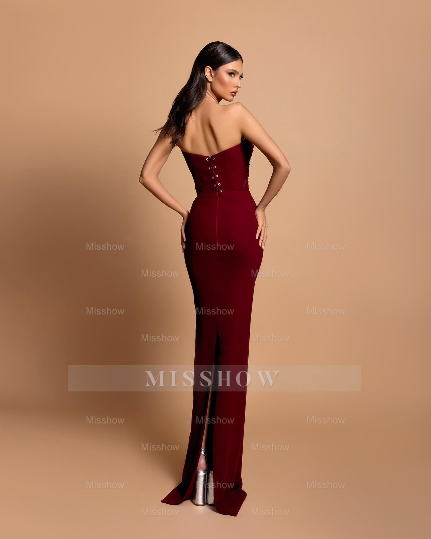 Fabulous Column Strapless Sleeveless Rhinestone Satin Burgundy