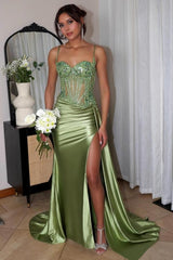 Fabulous Column Tulle Satin Sweetheart Sleeveless Green Prom Evening Dresses With Split Front