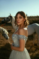 Fabulous Dusty Blue A-Line Off-The-Shoulder Sleeveless Lace Long Tulle Prom Dresses With Sequins