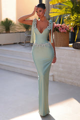 Fabulous Light Green Column V-Neck Beaded Spaghetti Strap Sleeveless Long Satin Evening Dresses