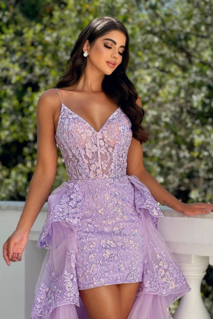 Fabulous Lilac A-Line Spaghetti Strap Sleeveless Lace Panel Train Hi-Lo Tulle Evening Dresses With Appliques
