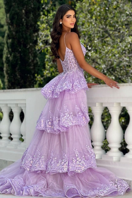 Fabulous Lilac A-Line Spaghetti Strap Sleeveless Lace Panel Train Hi-Lo Tulle Evening Dresses With Appliques