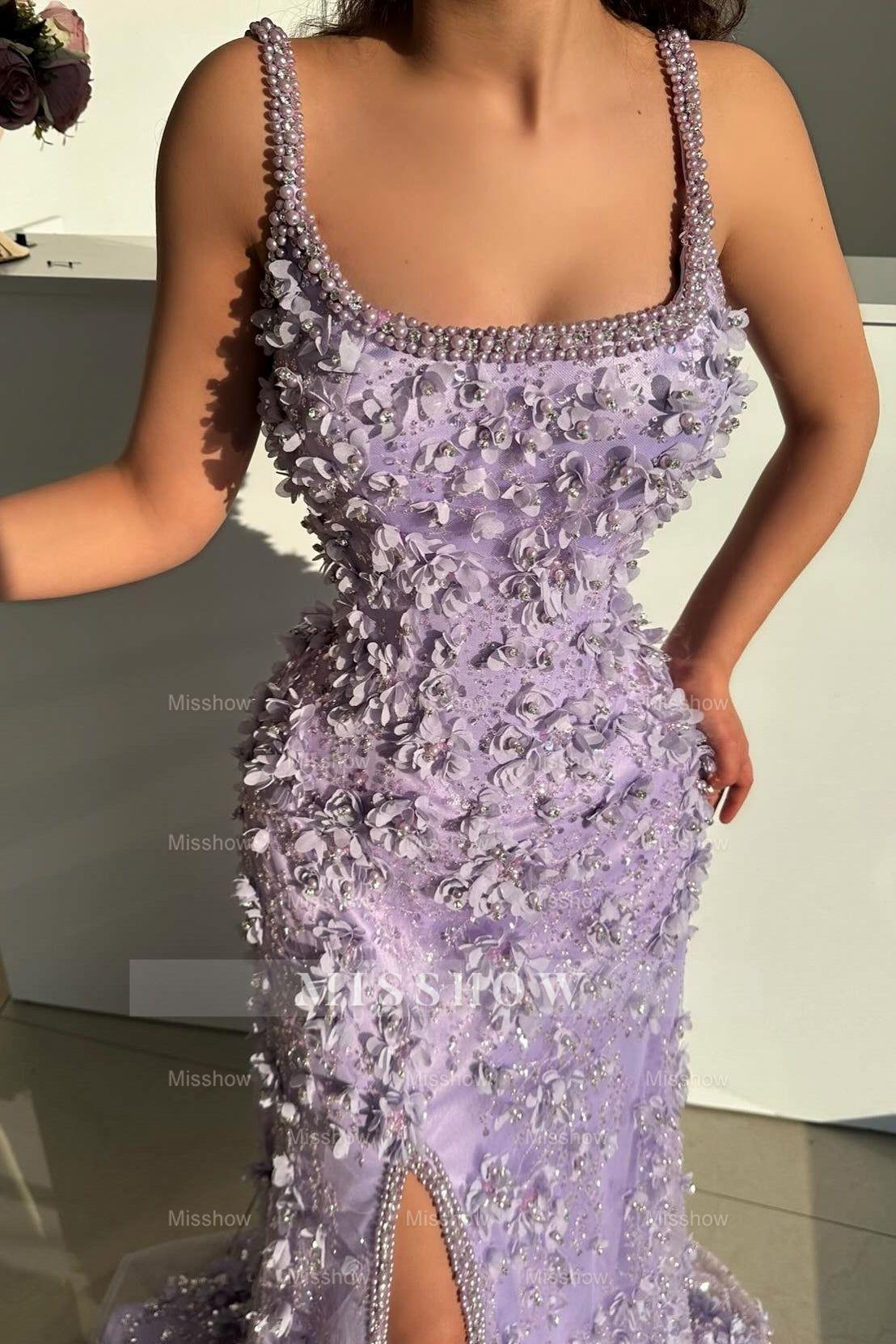 Lilac square beaded mermaid prom dress
