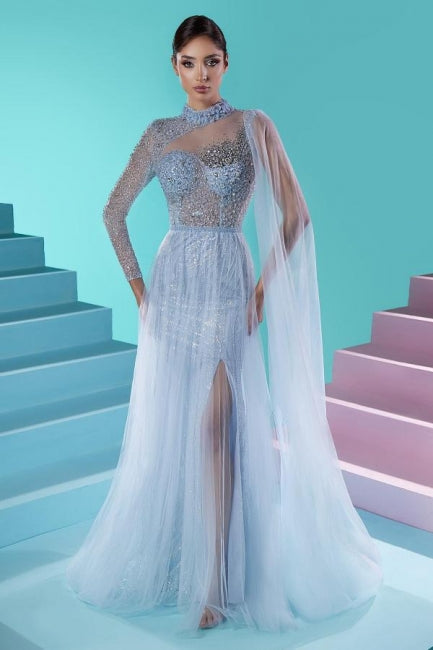Fabulous Long A-line High Neck Long Sleeve Beading Prom Evening Dresses With Slit
