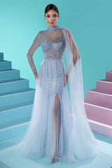 Fabulous Long A-line High Neck Long Sleeve Beading Prom Evening Dresses With Slit