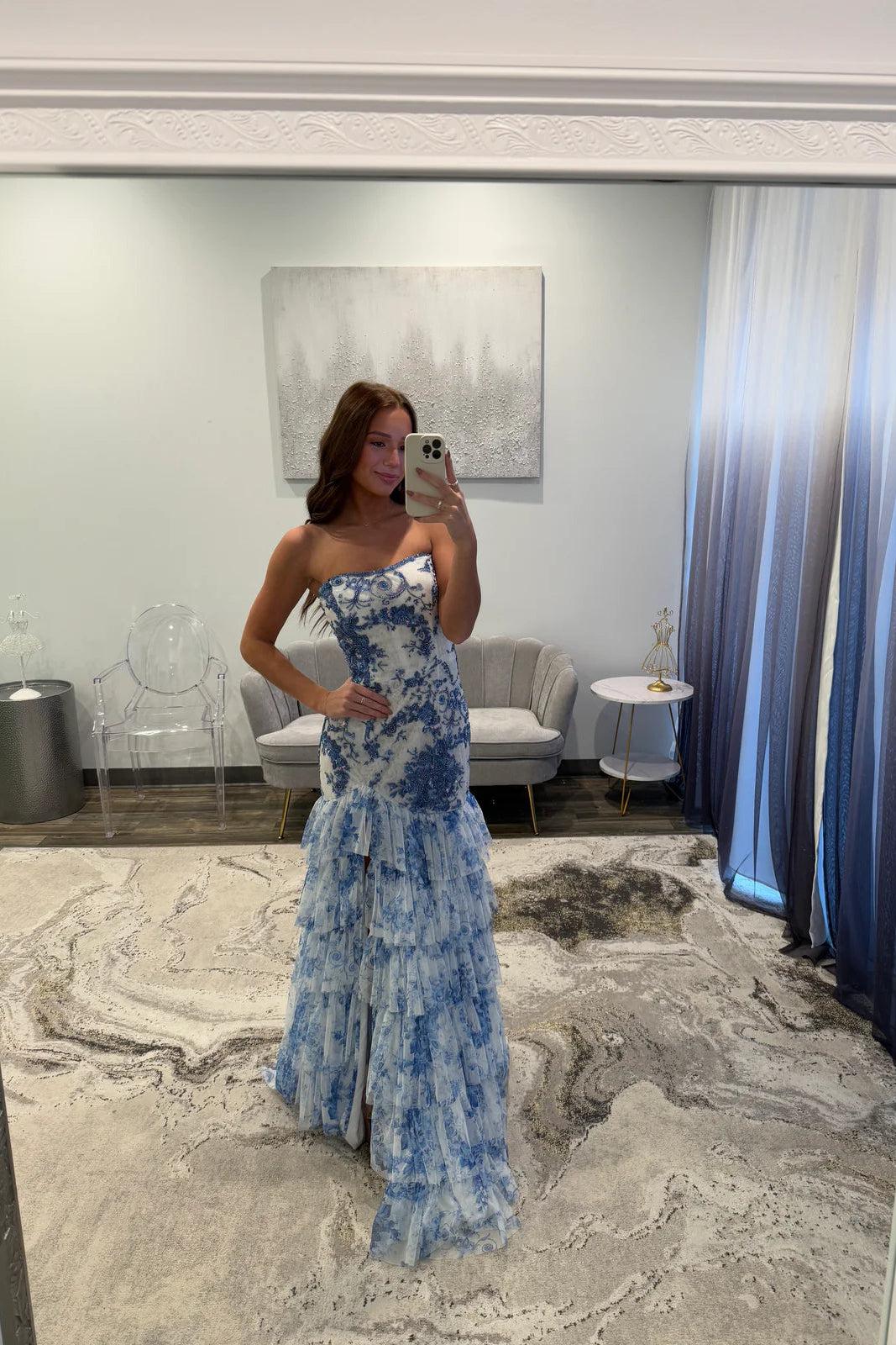 Fabulous Long Blue Strapless A-line Floral Prom Dress with Slit