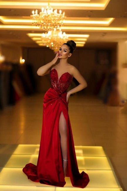 Fabulous Long Burgundy V-neck Lace Satin Prom Evening Dresses with Slit