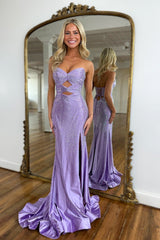 Fabulous Long Purple Mermaid Strapless Glitter Prom Dress with Slit
