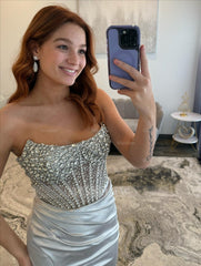 Fabulous Long Silver Mermaid Strapless Rhinestones Prom Dress with Slit