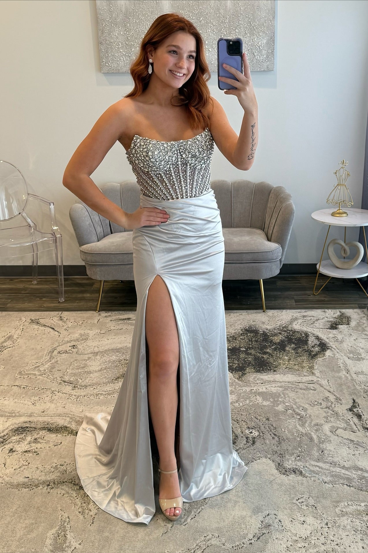 Fabulous Long Silver Mermaid Strapless Rhinestones Prom Dress with Slit