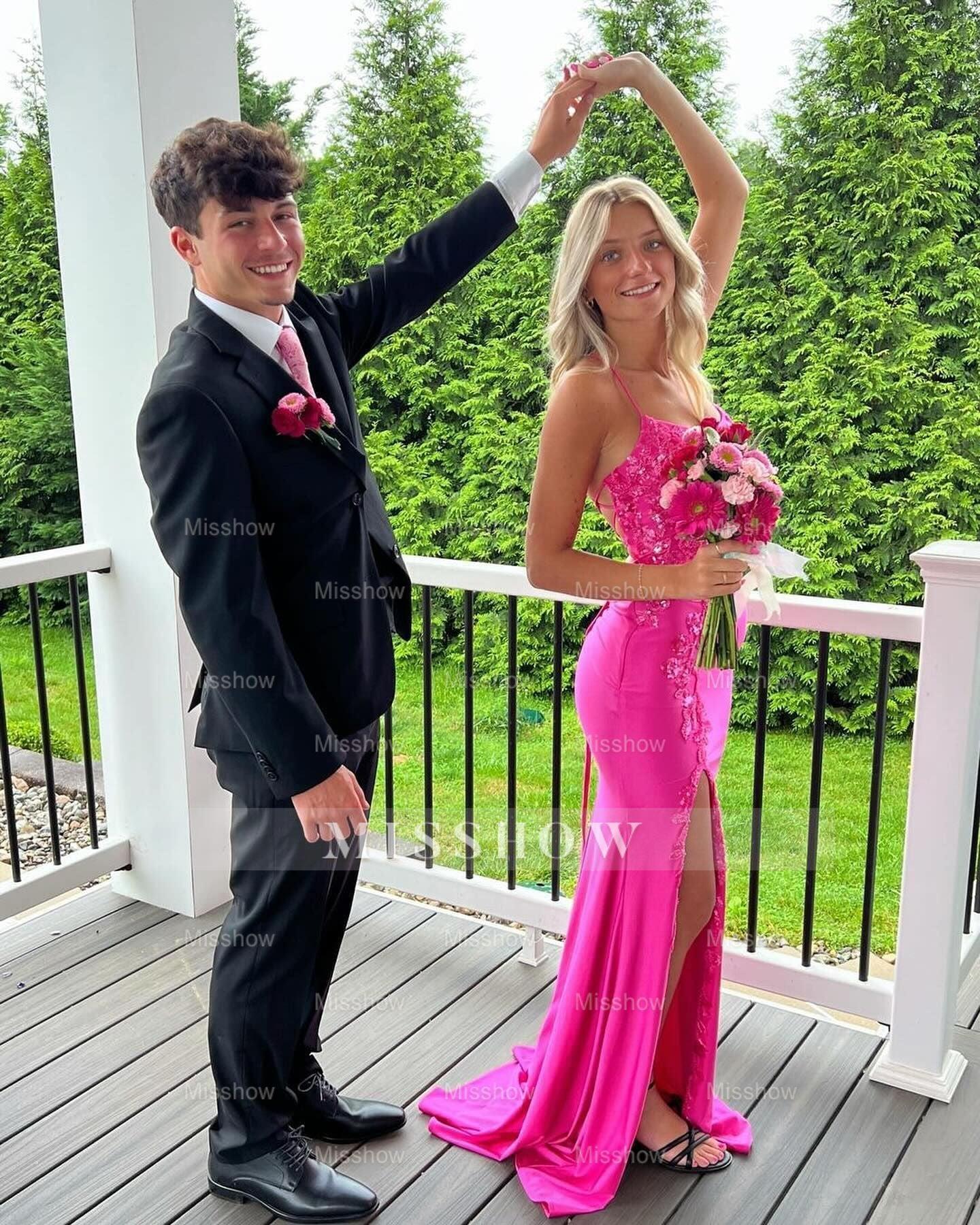 Fuchsia v-neck split-front column prom dress
