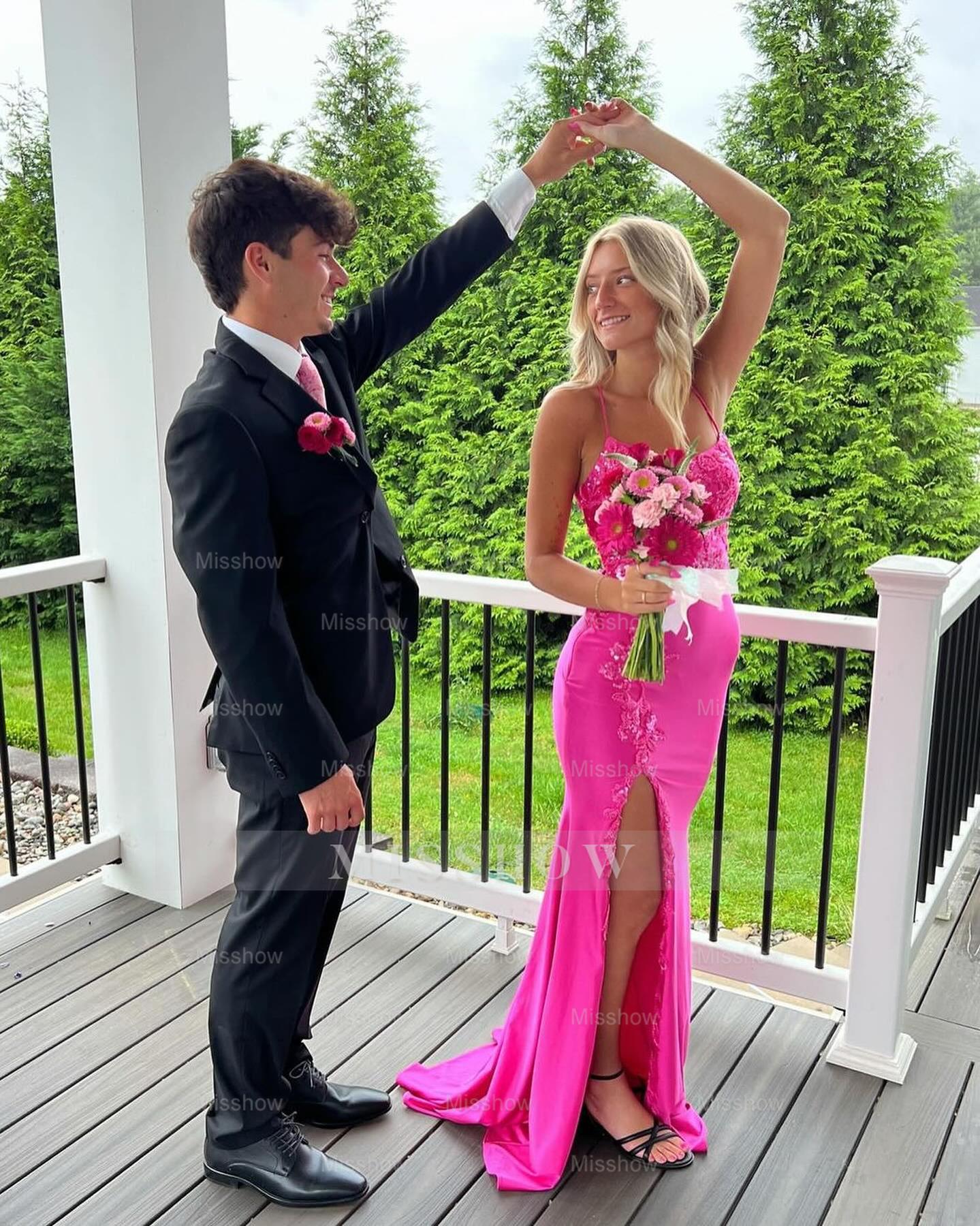 Fuchsia v-neck split-front column prom dress