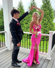 Fuchsia v-neck split-front column prom dress