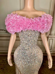 Fabulous Mermaid Strapless Off-The-Shoulder 3D Flowers Beaded Sleeveless Tulle Long Evening Dresses With Slit