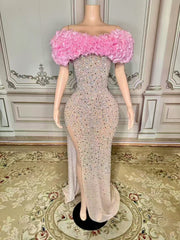 Fabulous Mermaid Strapless Off-The-Shoulder 3D Flowers Beaded Sleeveless Tulle Long Evening Dresses With Slit