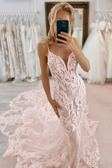 Fabulous Mermaid Tulle Lace Spaghetti Straps Sleeveless White Wedding Dresses With Appliques Train
