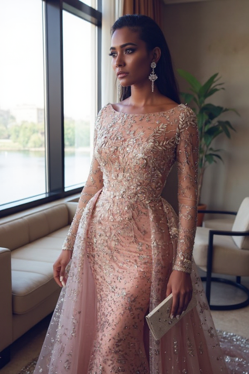 Fabulous Pink Mermaid Crew Long Sleeve Beaded Panel Train Tulle Evening Dresses With Appliques