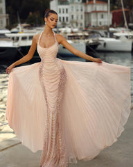 Fabulous Pink Mermaid Halter Strapless Sleeveless Beaded Pearls Long Evening Dresses With Detachable Train