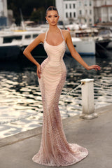 Fabulous Pink Mermaid Halter Strapless Sleeveless Beaded Pearls Long Evening Dresses With Detachable Train