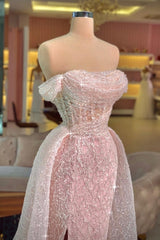 Fabulous Pink Mermaid Strapless Off-The-Shoulder Sleeveless Sequined Panel Train Tulle Evening Dresses With Slit
