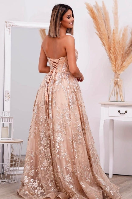 Fabulous Pink Strapless A-Line Sleeveless Beaded Lace-Up Long Tulle Evening Dresses With Appliques