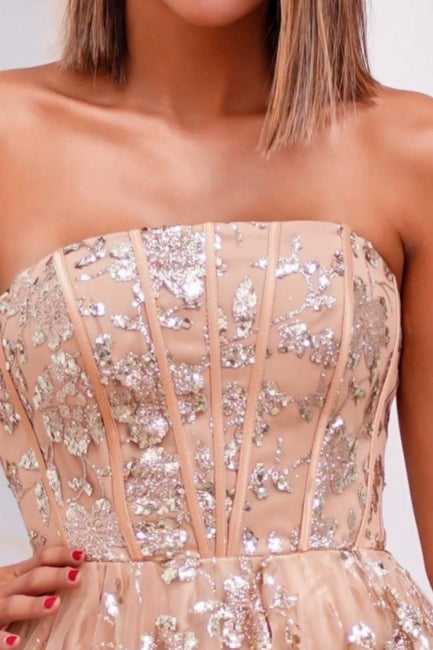 Fabulous Pink Strapless A-Line Sleeveless Beaded Lace-Up Long Tulle Evening Dresses With Appliques