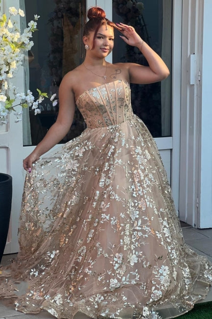 Fabulous Pink Strapless A-Line Sleeveless Beaded Lace-Up Long Tulle Evening Dresses With Appliques