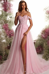 Fabulous Pink Sweetheart Off-The-Shoulder A-Line Sleeveless Split Front Tulle Evening Dresses With Appliques