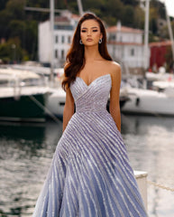 Fabulous Purple A-Line Sweetheart Strapless Sleeveless Sequined Floor-Length Tulle Prom Dresses