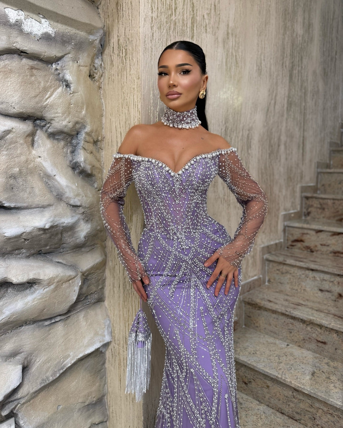 Fabulous Purple Mermaid Sweetheart Off-The-Shoulder Long Sleeves Beaded Long Formal Dress With Rhinestones