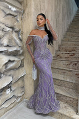 Fabulous Purple Mermaid Sweetheart Off-The-Shoulder Long Sleeves Beaded Long Formal Dress With Rhinestones