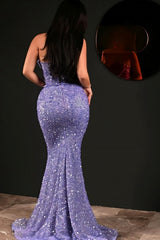 Fabulous Purple Mermaid Sweetheart Sequined Sleeveless Floor-Length Evening Dress With Ruffles