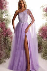 Fabulous Purple One-Shoulder A-Line Cap Sleeve Split Front Tulle Evening Dresses With Appliques