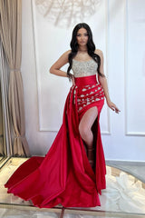 Fabulous Red Strapless Mermaid Beaded Sleeveless Split Front Ruffle Panel Train Satin Evening Dresses With Rhinestone
