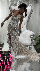 Fabulous Silver Mermaid Sequined Sleeveless Prom Dress with Slit and Beads