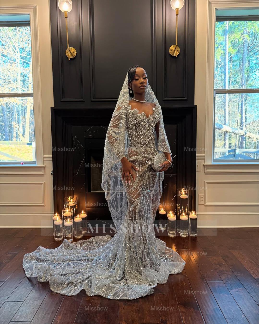 Fabulous Silver Mermaid Strapless Lace Long Prom Dress with Veil