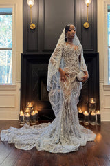 Fabulous Silver Mermaid Strapless Lace Long Prom Dress with Veil