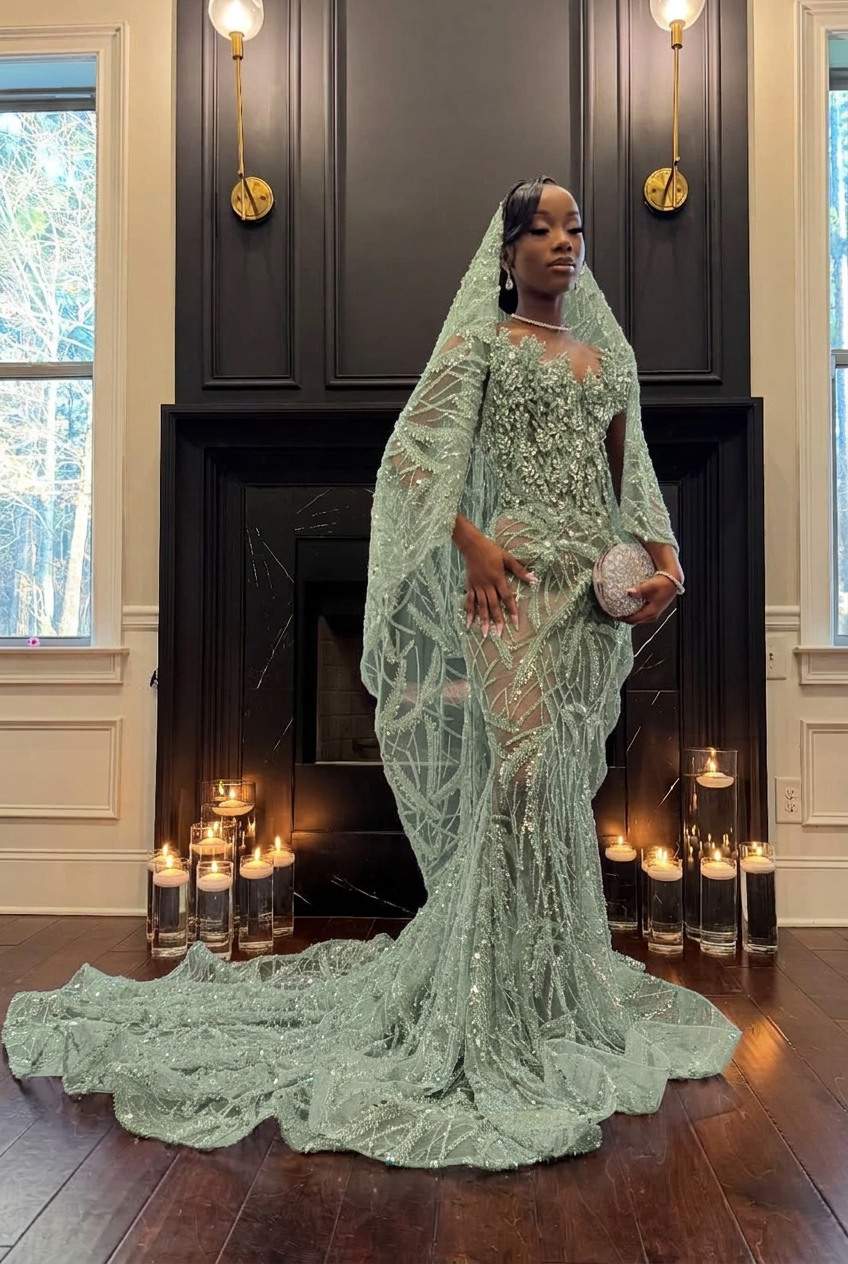 Dusty sage strapless beaded mermaid prom dress