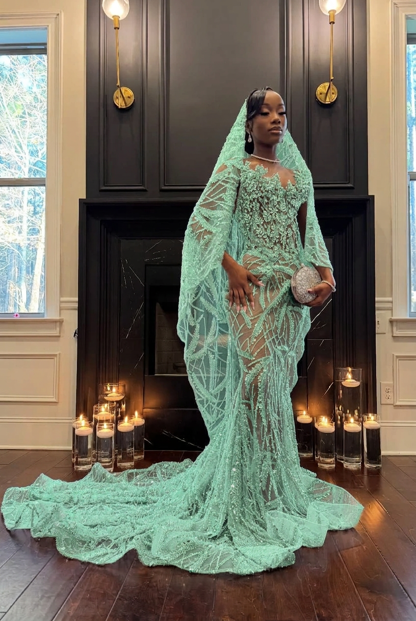 Mint green strapless beaded mermaid prom dress