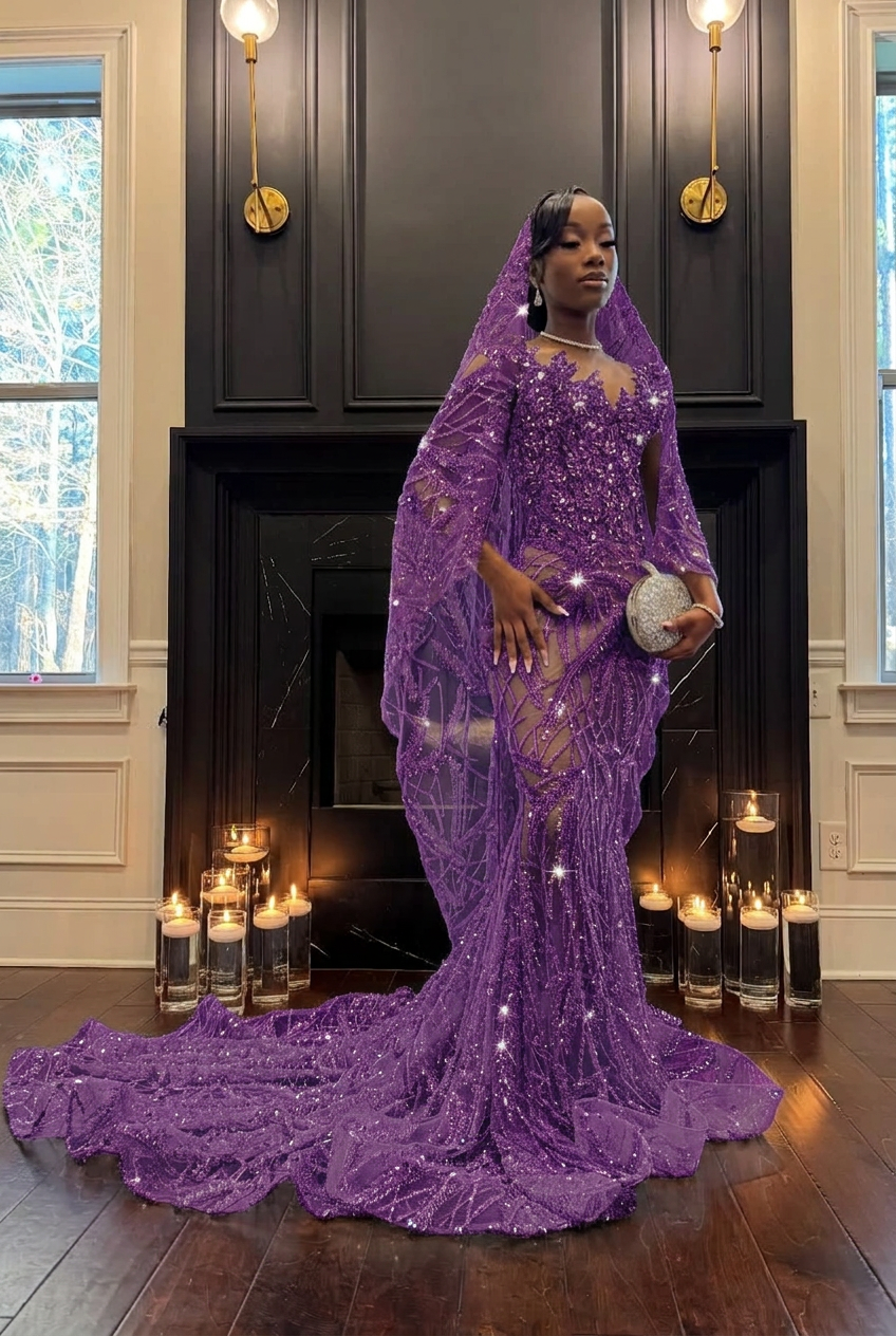 Grape strapless beaded mermaid prom dress