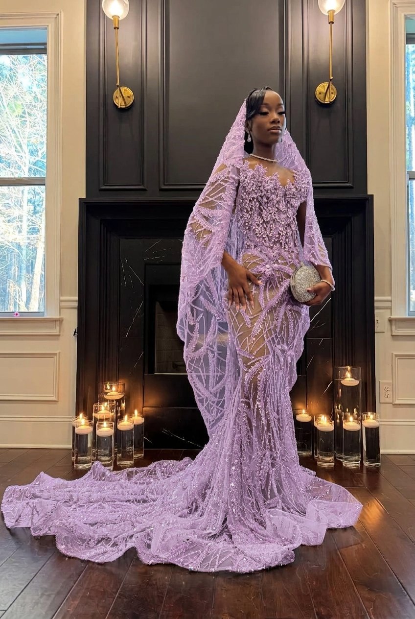 Lavender strapless beaded mermaid prom dress
